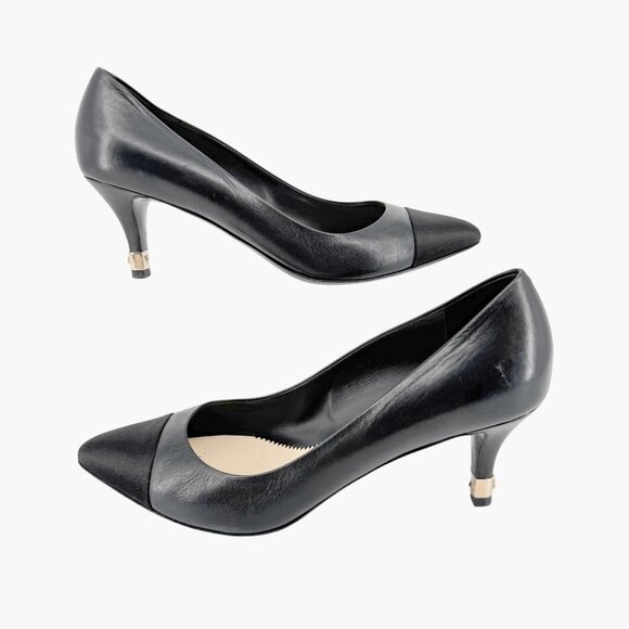Chanel Cap Toe CC Kitten Pumps EU 38.5 US 7.5-8 Black Leather Pointed Low Heel - Picture 9 of 15